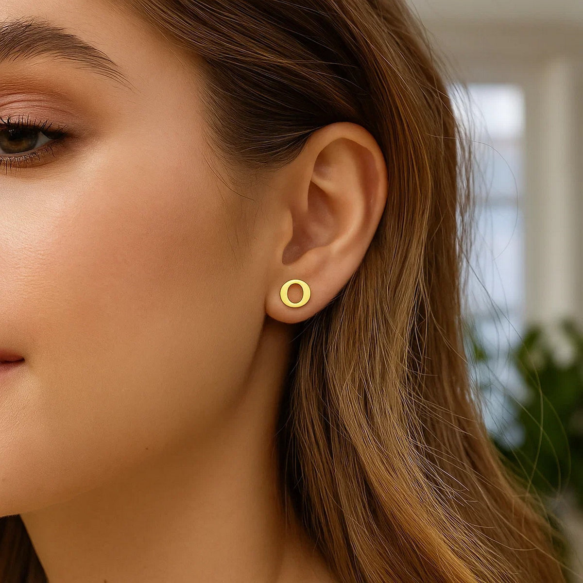 14K Yellow Gold Yours Truly Initial O Stud Earrings, view 2