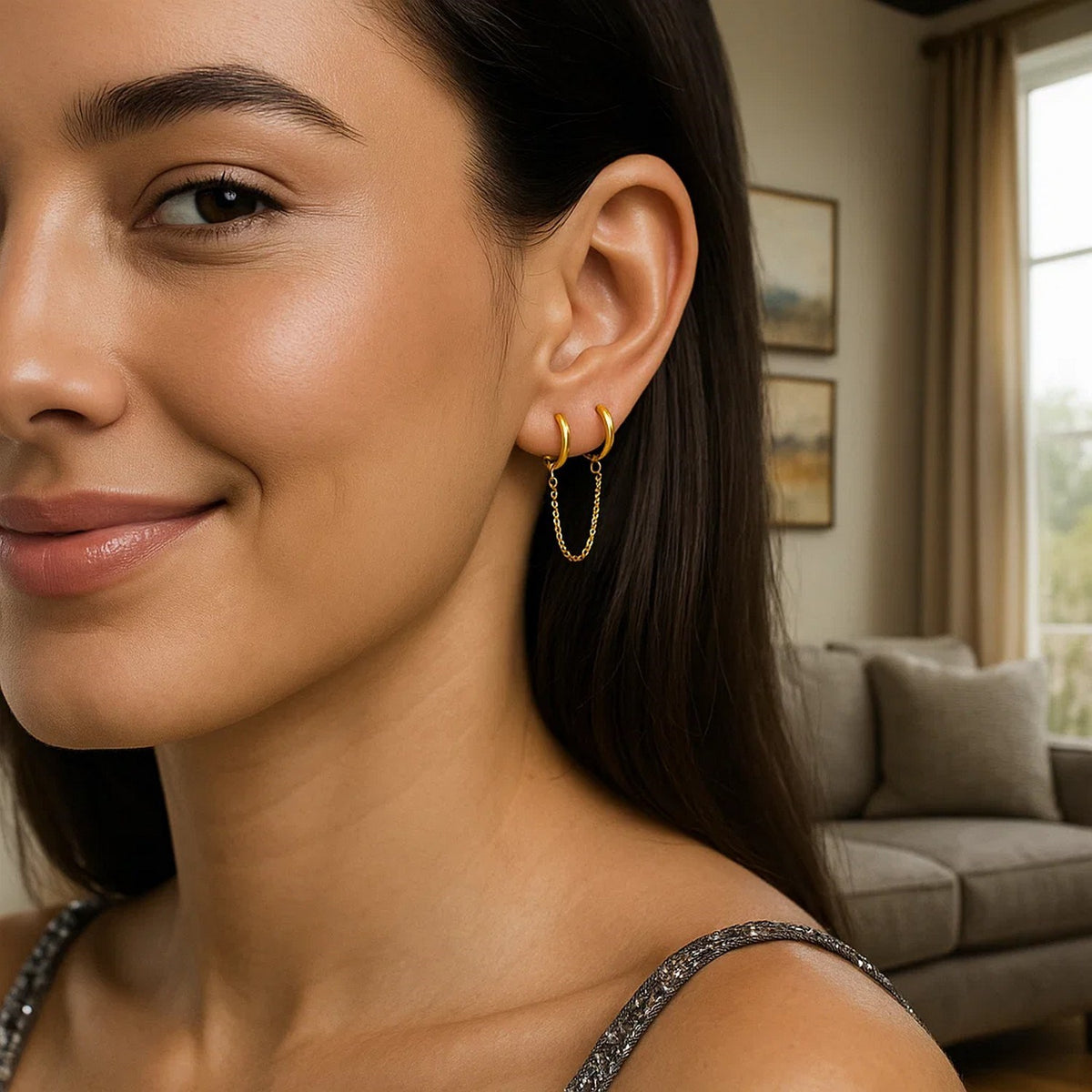 14K Yellow Gold Two Hole Huggie Style Hoop Earrings, view 2