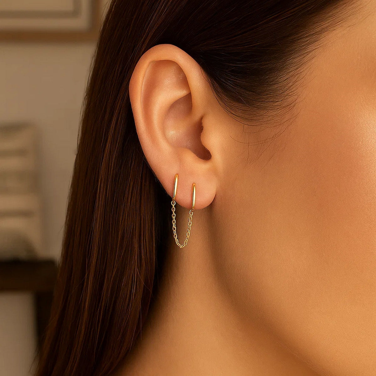 14K Yellow Gold Two Hole Huggie Style Hoop Earrings, view 3