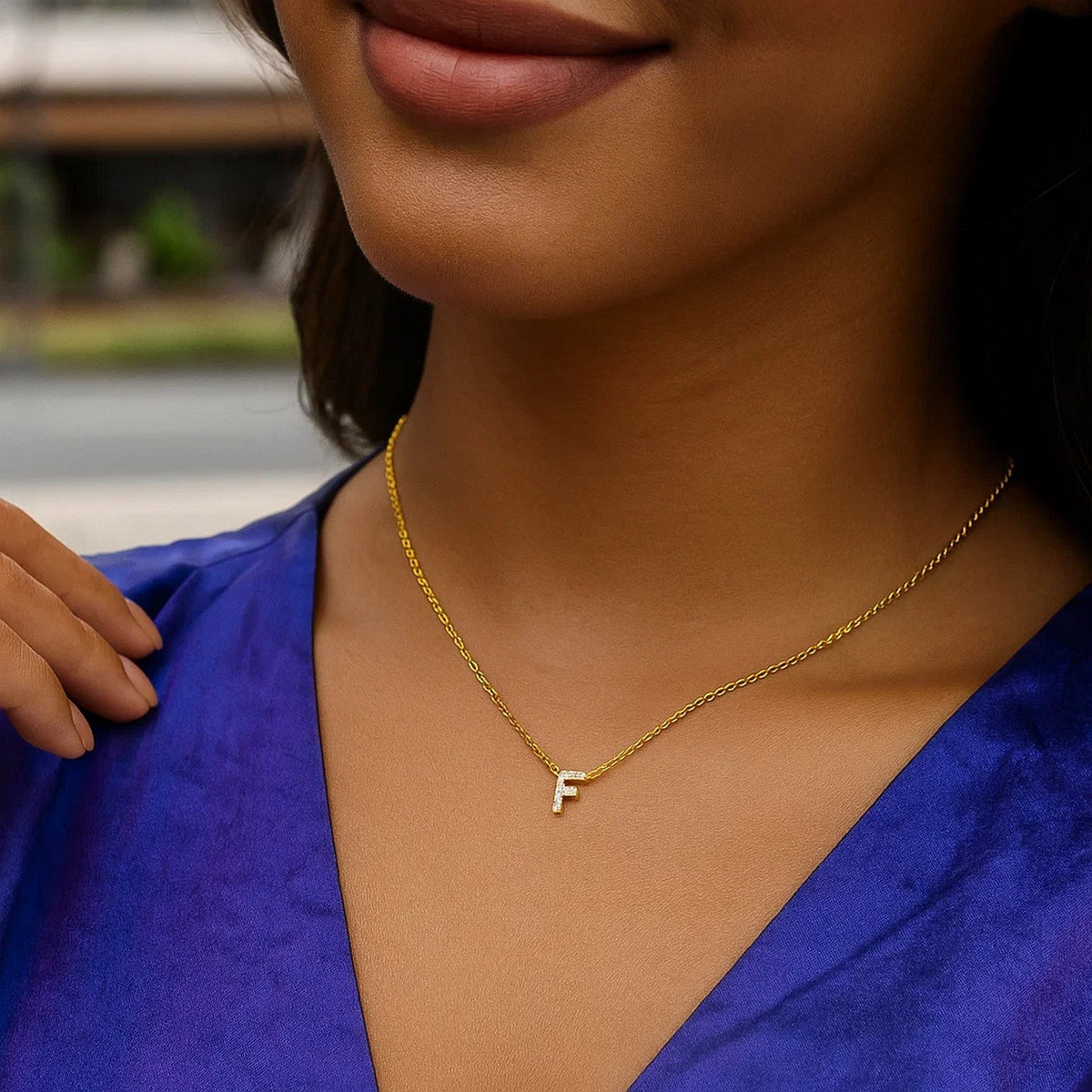 14K Yellow Gold Mini Diamond F Initial Pendant Necklace, view 5
