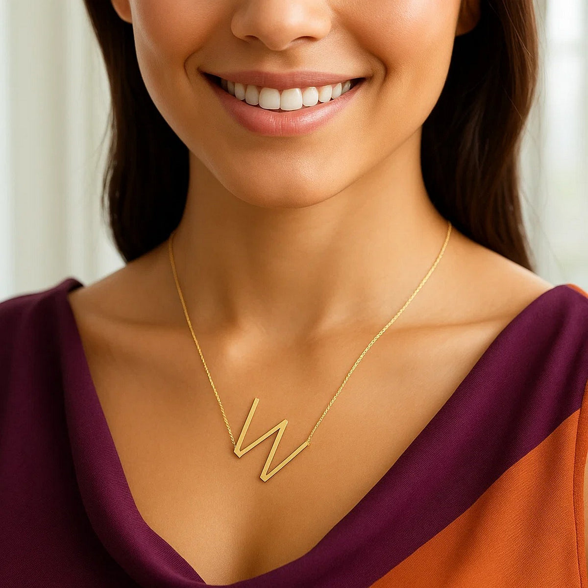 14K Yellow Gold Yours Truly Large Initial W Necklace, view 3
