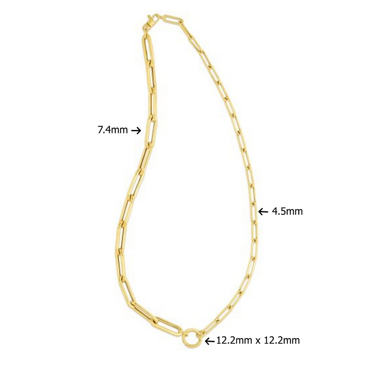 14K Yellow Gold High Polish Elongated Paperclip Chain Circle Necklace, view 2