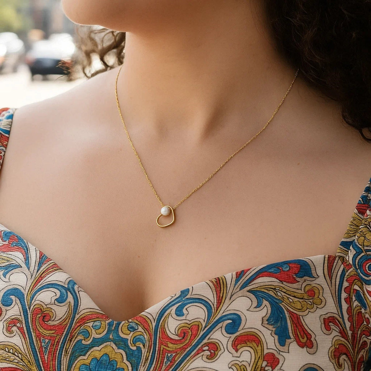 Open Heart and Pearl Necklace in 14K Yellow Gold, view 3