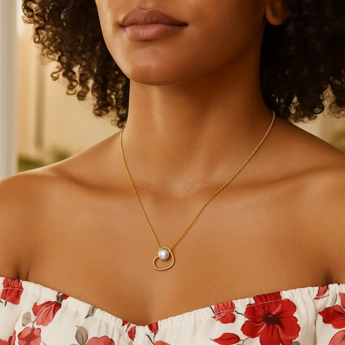 Open Heart and Pearl Necklace in 14K Yellow Gold, view 4