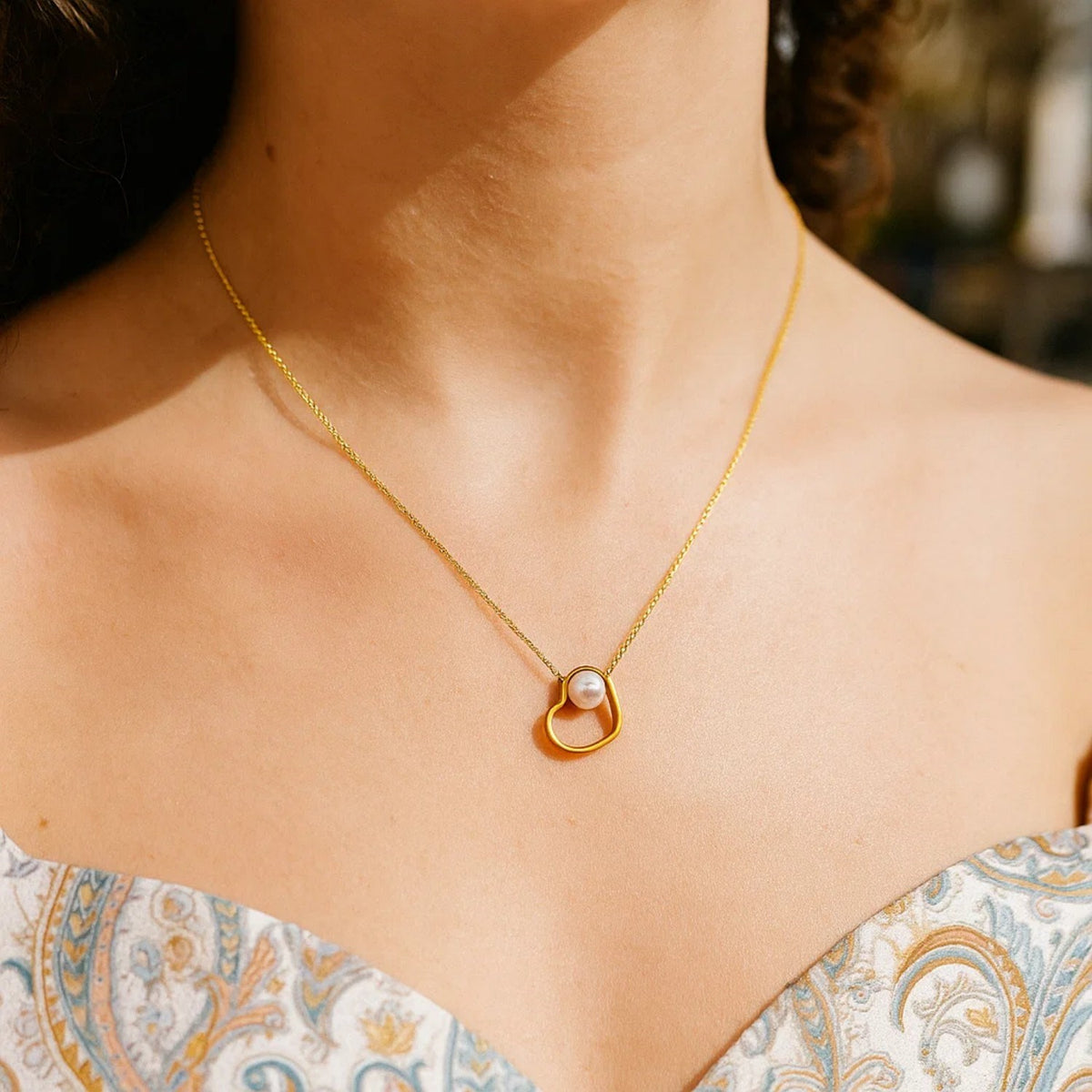 Open Heart and Pearl Necklace in 14K Yellow Gold, view 5