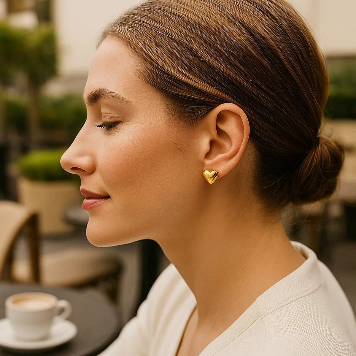 Puffed Up Heart Stud Earrings in 14K Yellow Gold, view 3