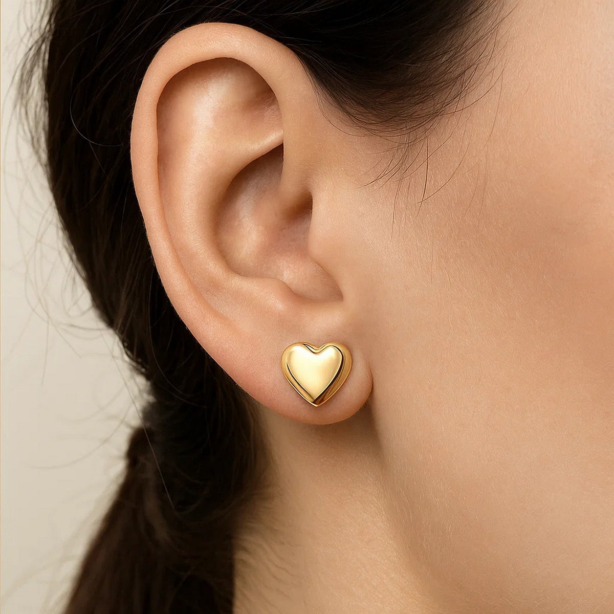 Puffed Up Heart Stud Earrings in 14K Yellow Gold, view 4