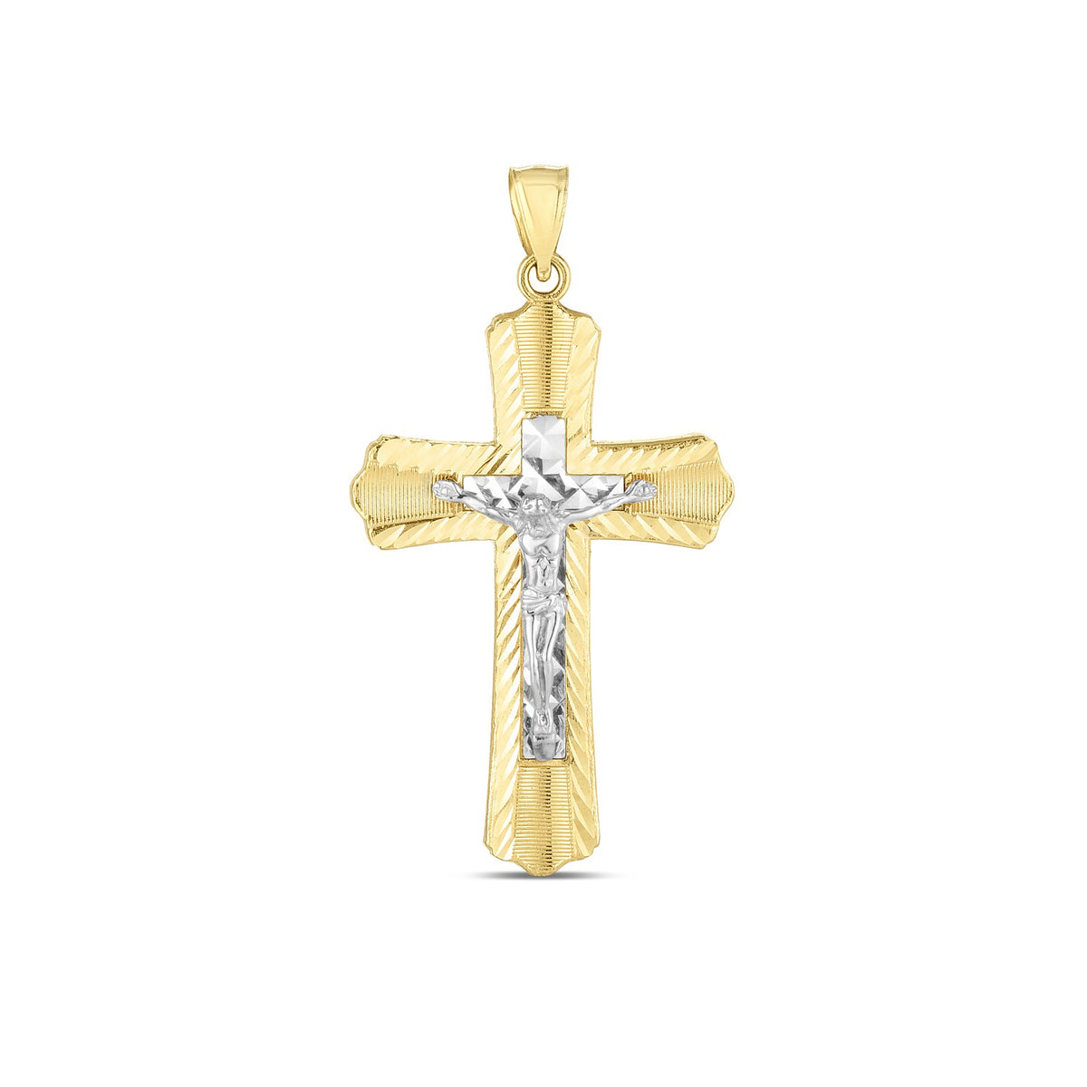 14K Two Tone Gold High Polish Diamond Cut Cross Pendant