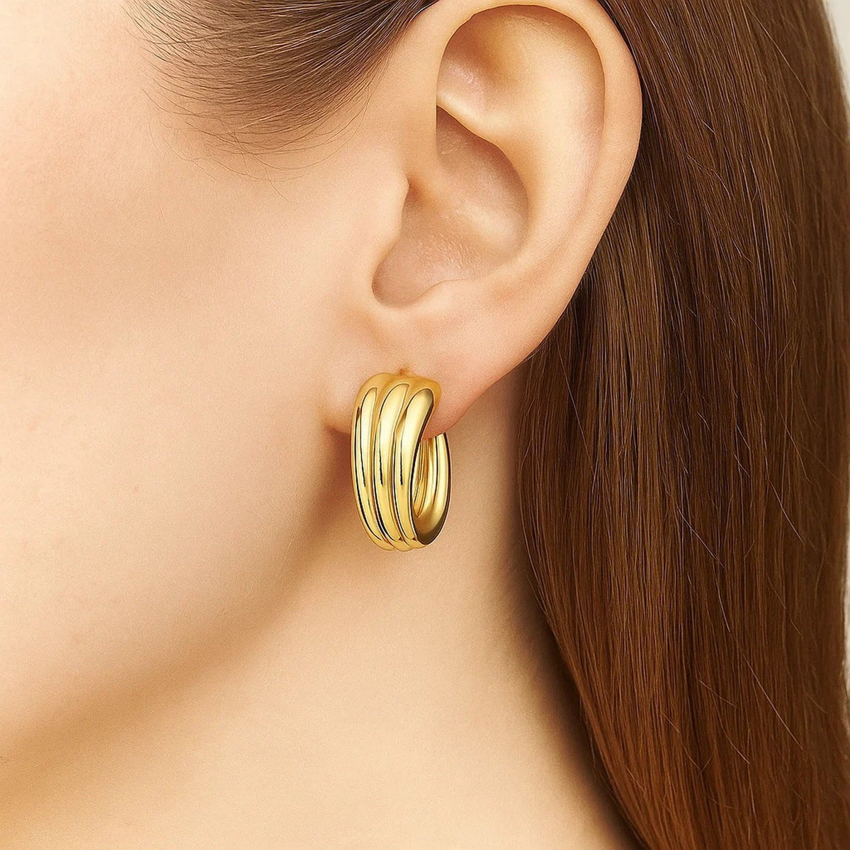 14K Yellow Gold 3 Row Graduated Hoop Earrings, view 2