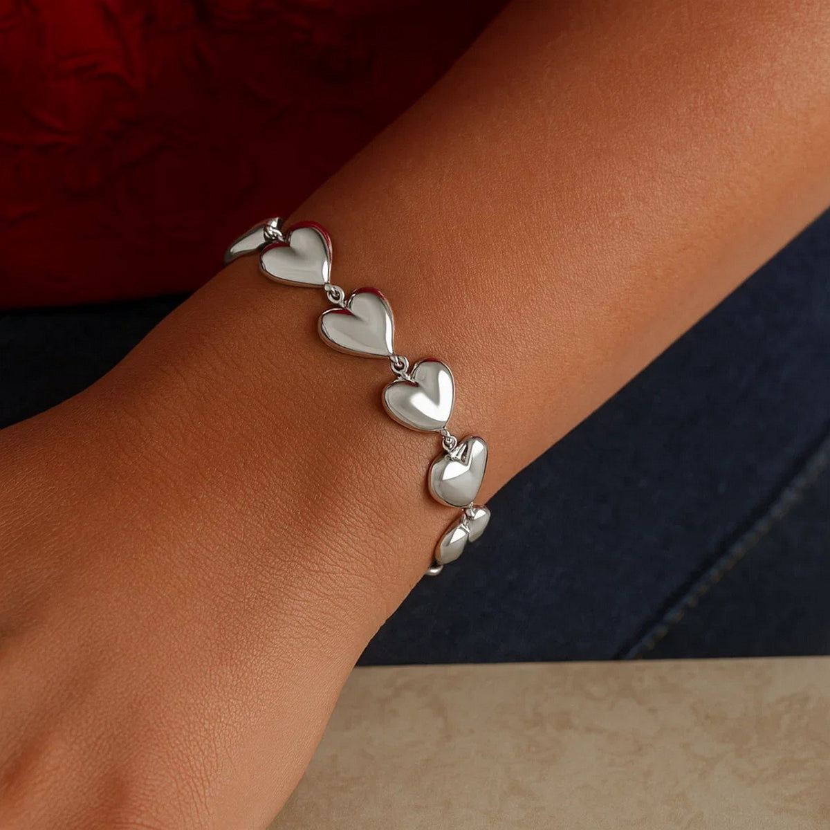 Sterling Silver Rhodium Plated Puffed Hearts Bracelet, view 4