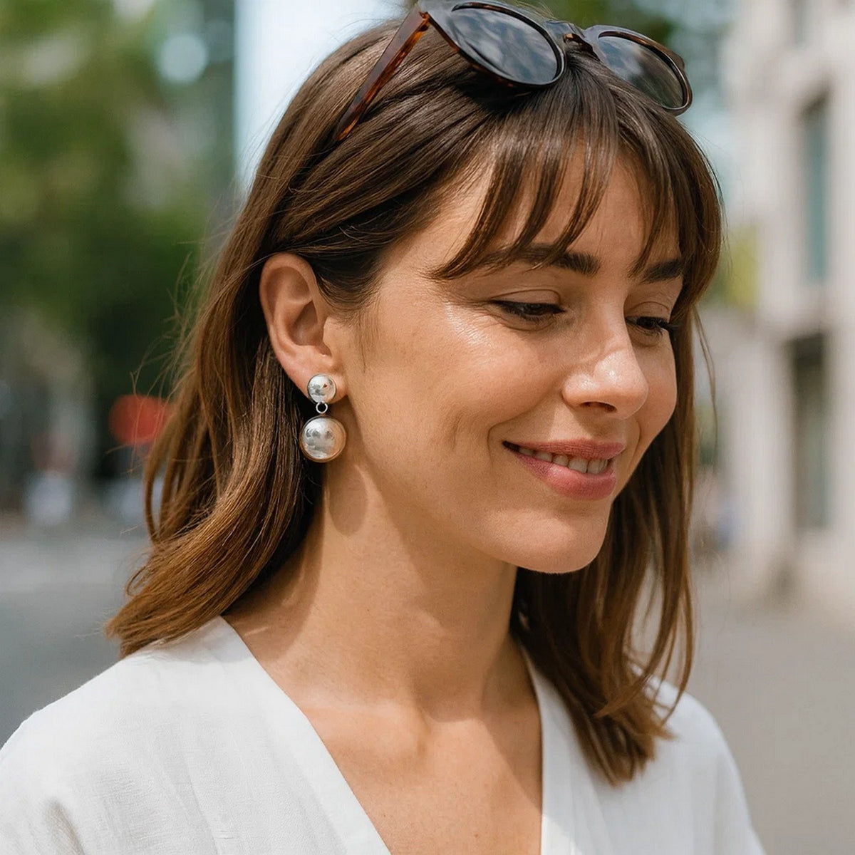 Sterling Silver Rhodium Plated Puffed Round Double Button Drop Earrings, view 3