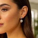 Sterling Silver Rhodium Plated Puffed Round Double Button Drop Earrings, view 4