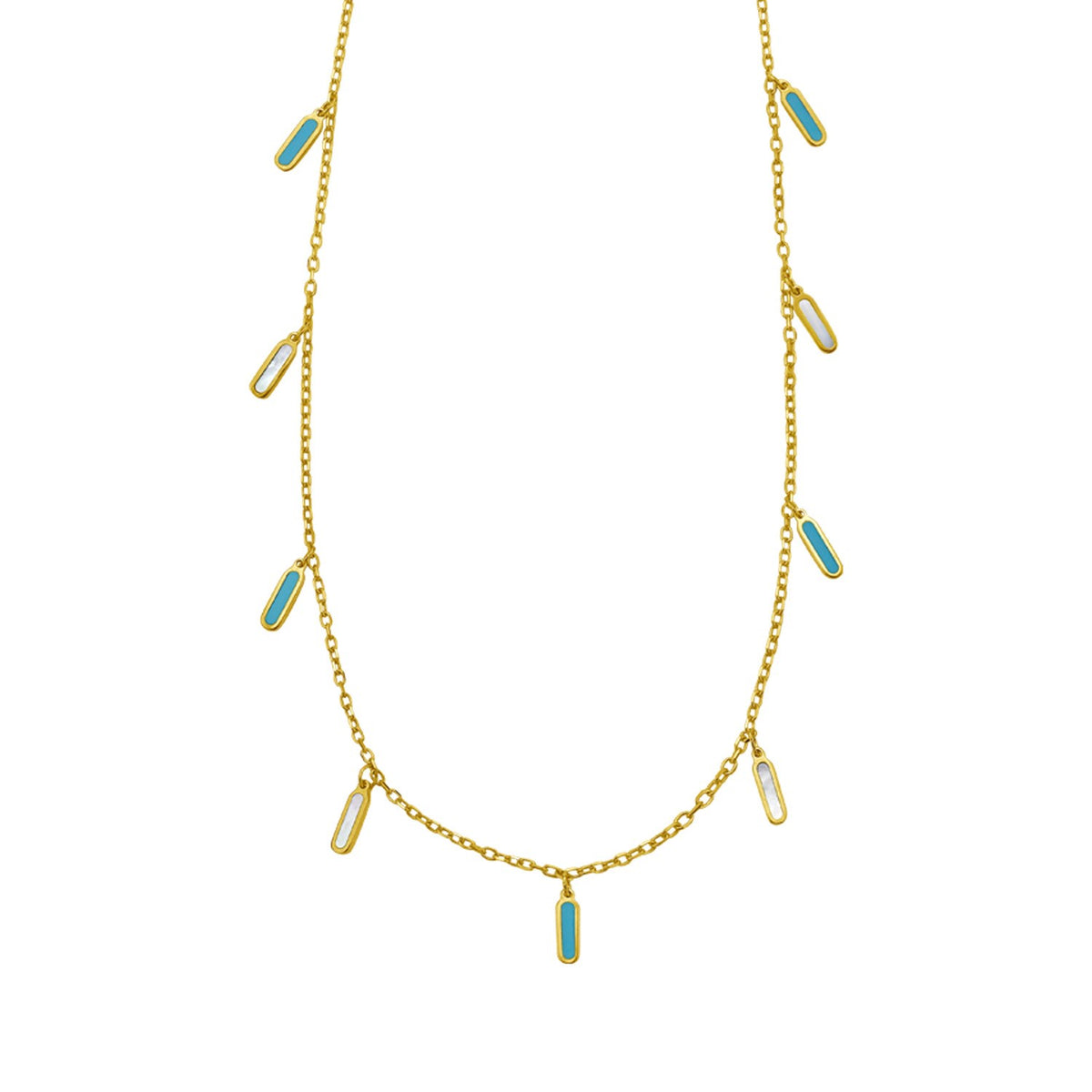 14K Yellow Gold Turquoise And MOP Inlay Station Necklace