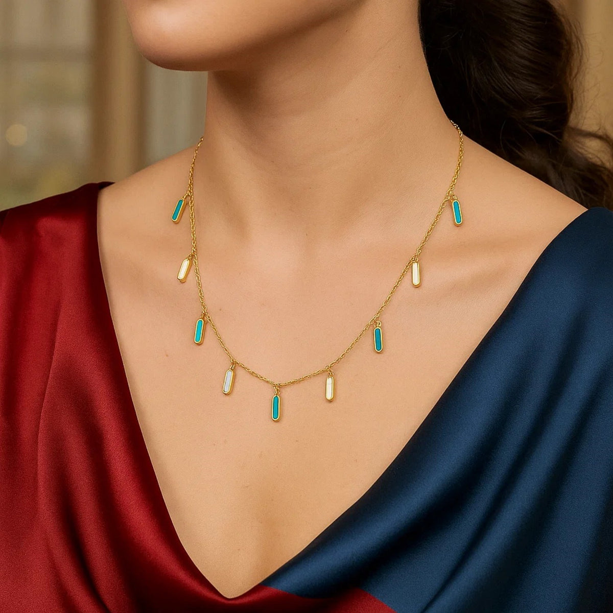 14K Yellow Gold Turquoise And MOP Inlay Station Necklace, view 3