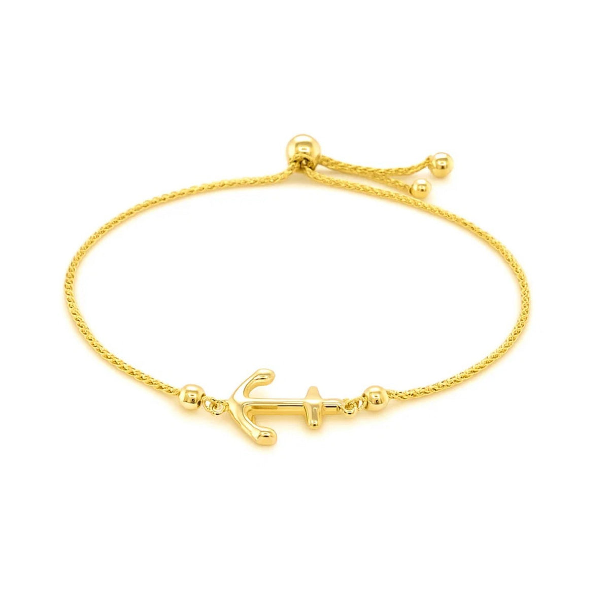14K Yellow Gold Anchor Design Adjustable Lariat Bracelet, view 2