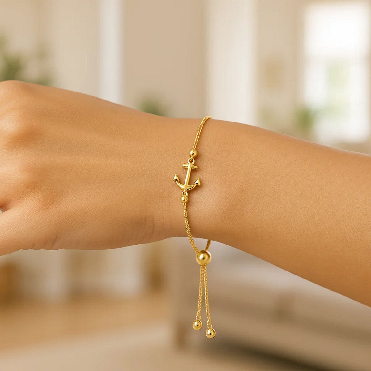 14K Yellow Gold Anchor Design Adjustable Lariat Bracelet, view 4