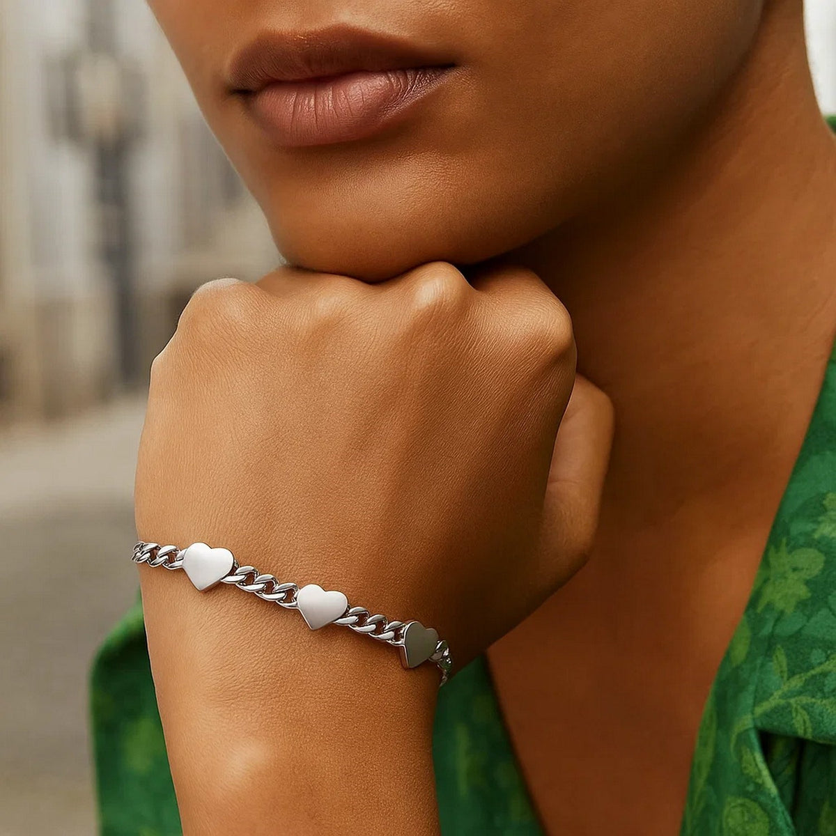 Sterling Silver Rhodium Plated Heart Chain Bracelet, view 4
