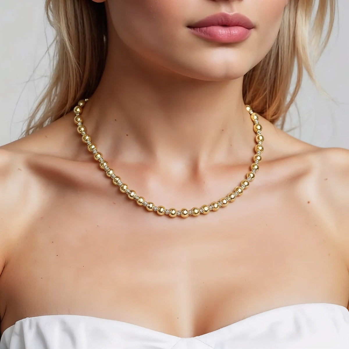 Two Tone Beaded Chain Necklace in 14K Gold, view 6