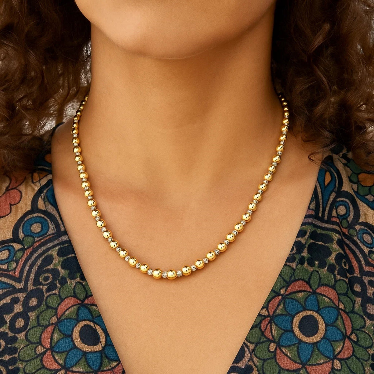Two Tone Beaded Chain Necklace in 14K Gold, view 4
