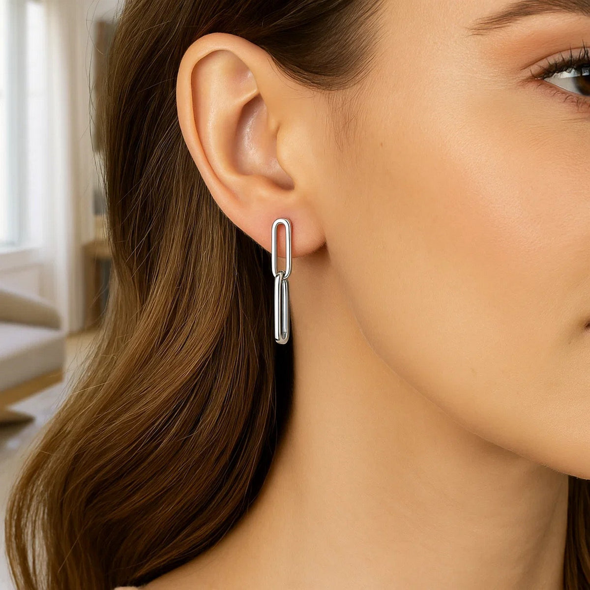 14K White Gold Double Link Paperclip Drop Earrings, view 3