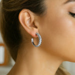 Sterling Silver Rhodium Plated Large Ribbed Twisted Hoop Earrings, view 3