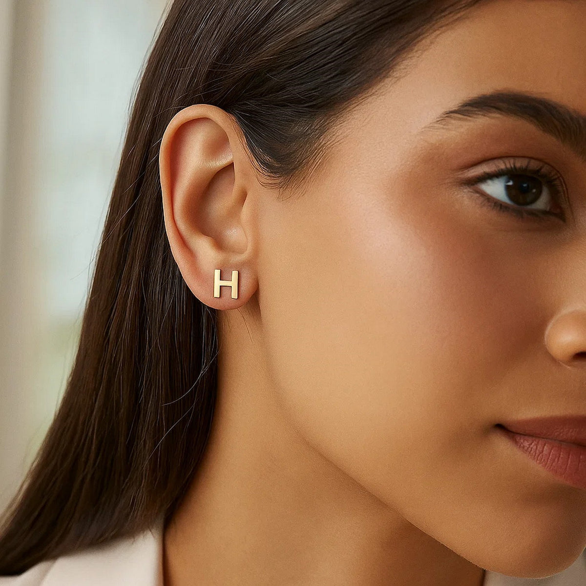 14K Yellow Gold Yours Truly Initial H Stud Earrings, view 2