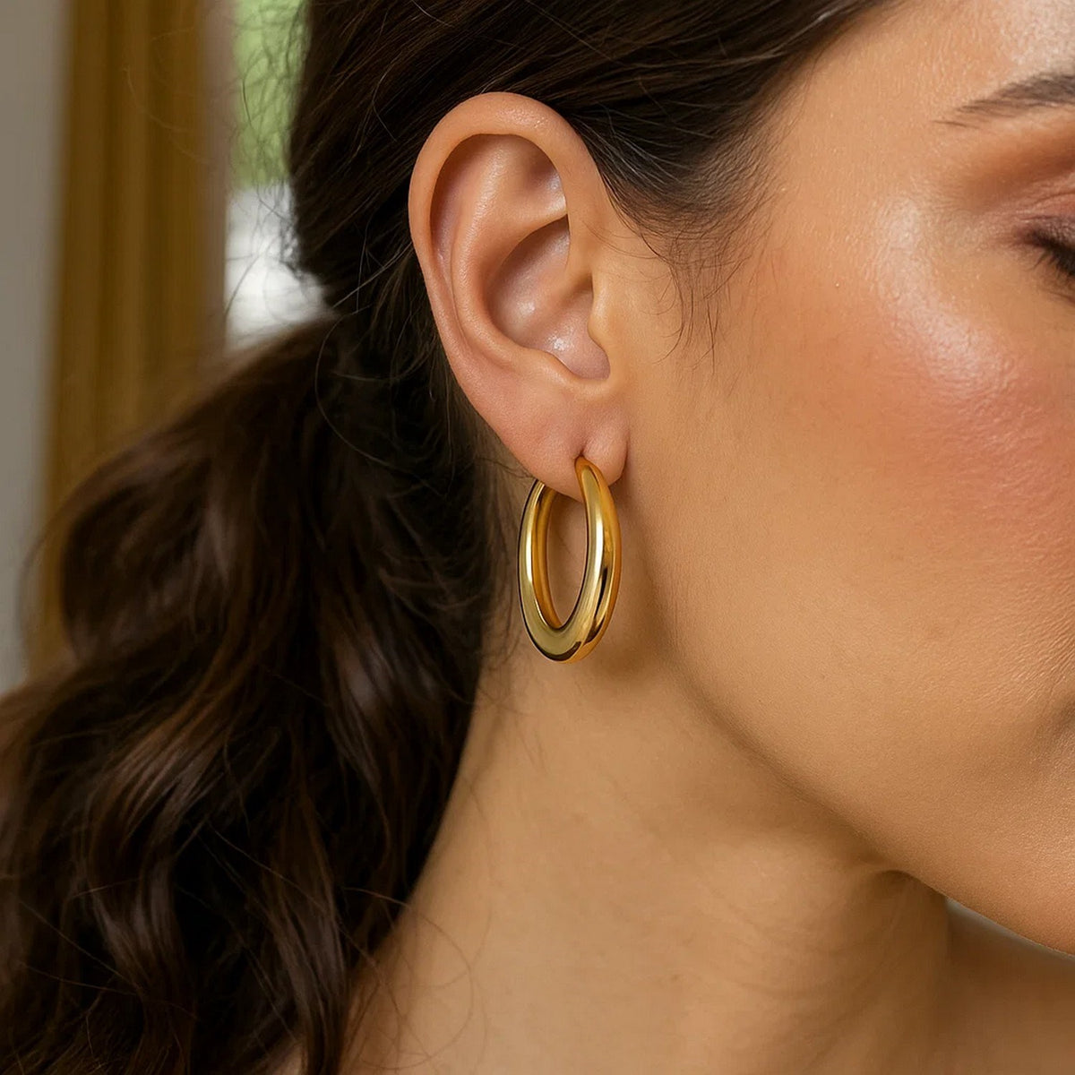 14K Yellow Gold Round Back to Back Hoop Earrings, view 3