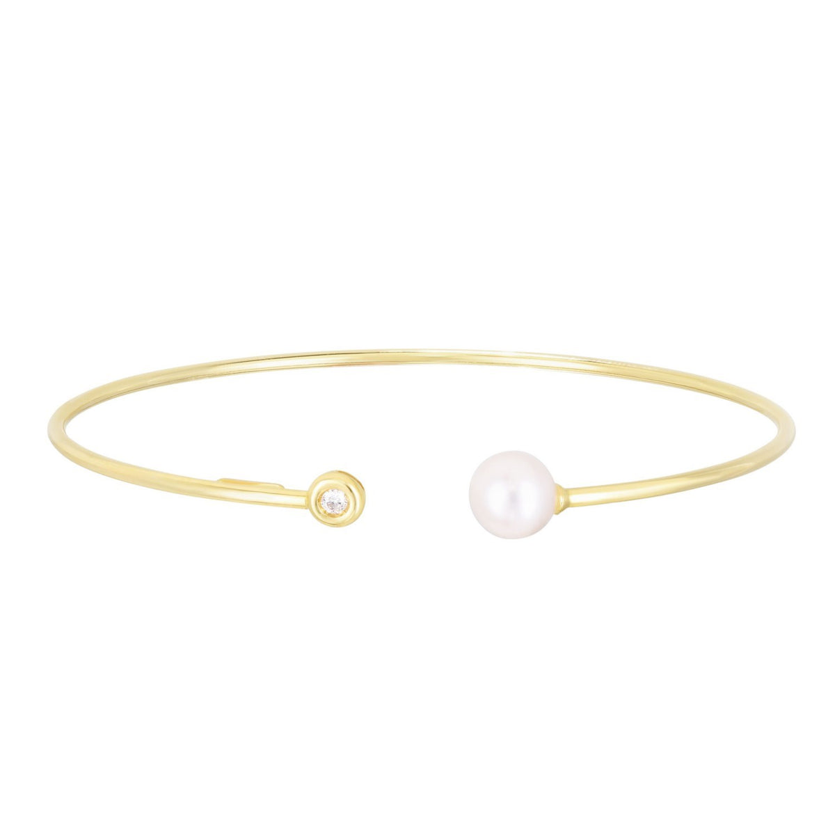 14K Yellow Gold Cuff Bangle with Pearl and Diamond (3.00 mm), view 2