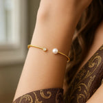 14K Yellow Gold Cuff Bangle with Pearl and Diamond (3.00 mm), view 3