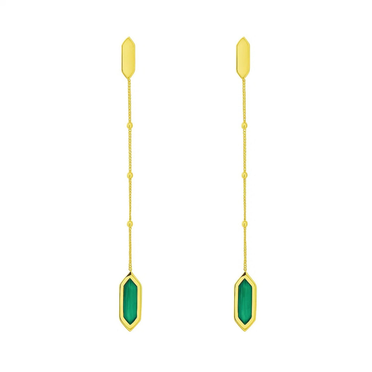 14K Yellow Gold Hexagon Malachite Drop Earrings, view 2