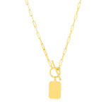 14K Yellow Gold Paperclip Chain Necklace with Rounded Rectangle Pendant