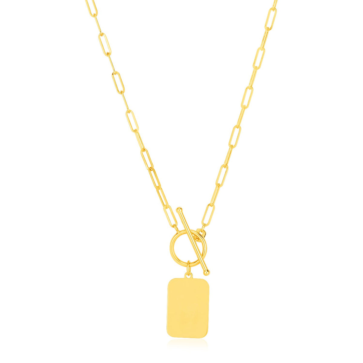 14K Yellow Gold Paperclip Chain Necklace with Rounded Rectangle Pendant