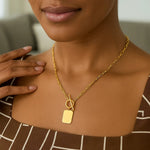 14K Yellow Gold Paperclip Chain Necklace with Rounded Rectangle Pendant, view 2