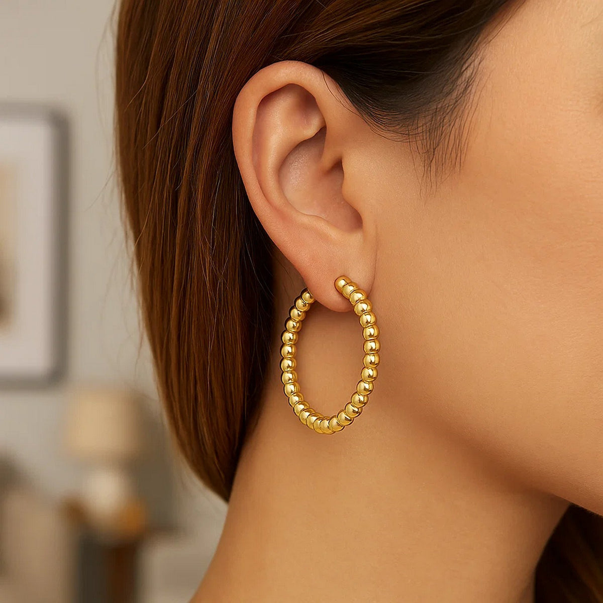 14K Yellow Gold Polished Large Bead Hoop Earrings, view 4
