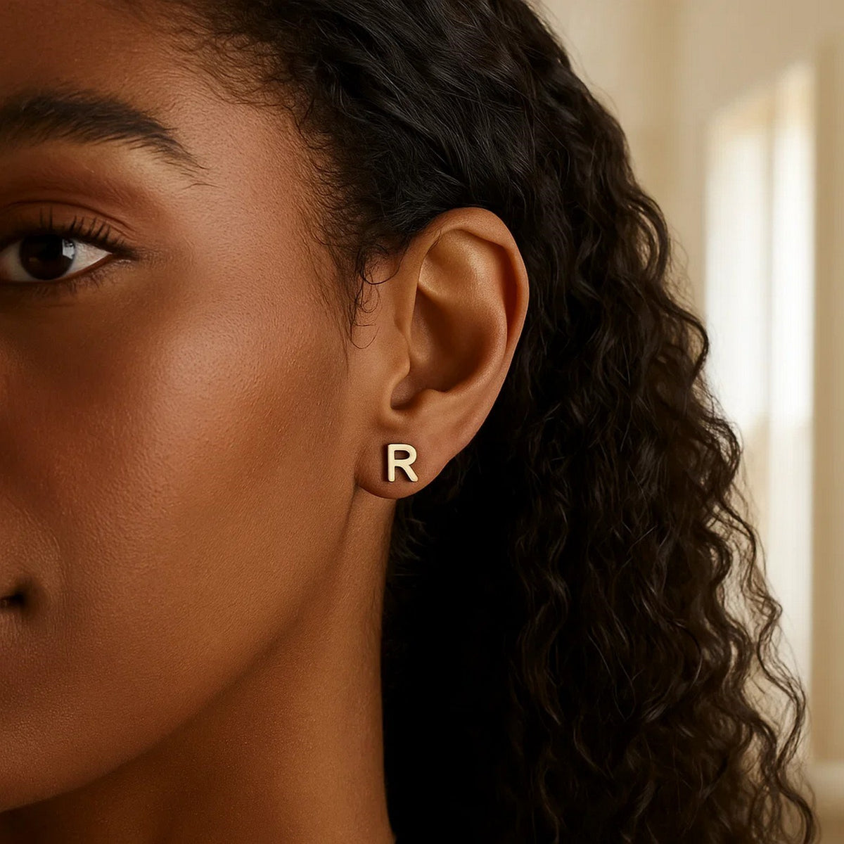 14K Yellow Gold Yours Truly Initial R Stud Earrings, view 3