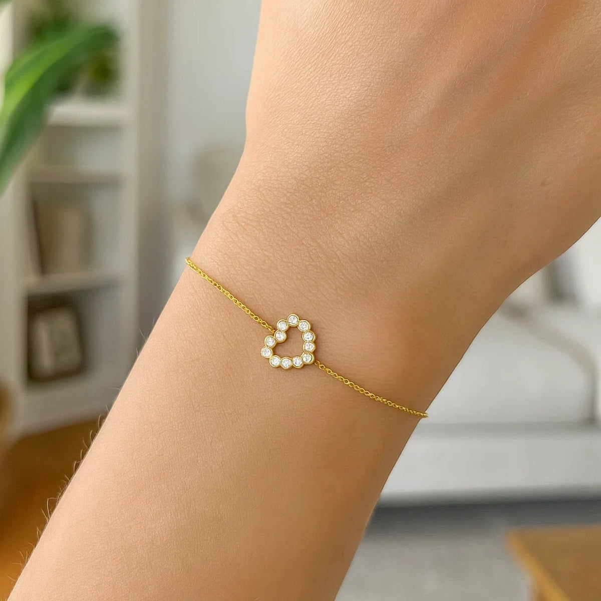 Elegant 14K Yellow Gold Petite Diamond Heart Bracelet, view 3