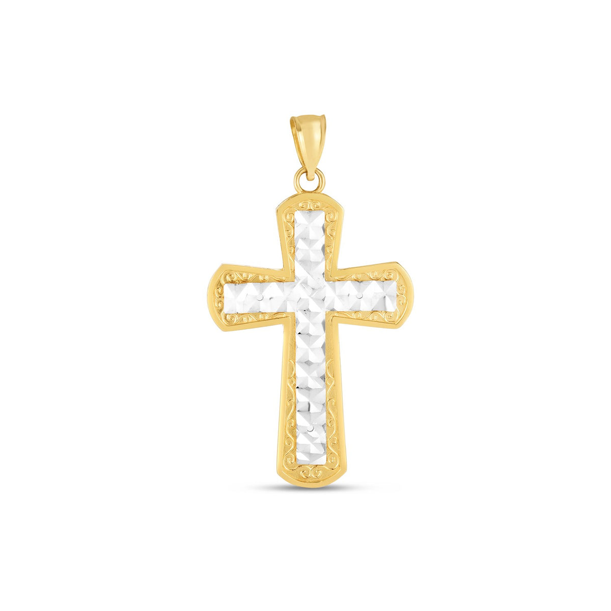 14K Two Tone Gold High Polish Diamond Cut Cross Pendant