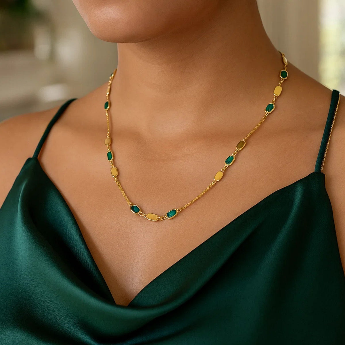 14K Yellow Gold Hexagon Malachite Inlay Links Necklace, view 4