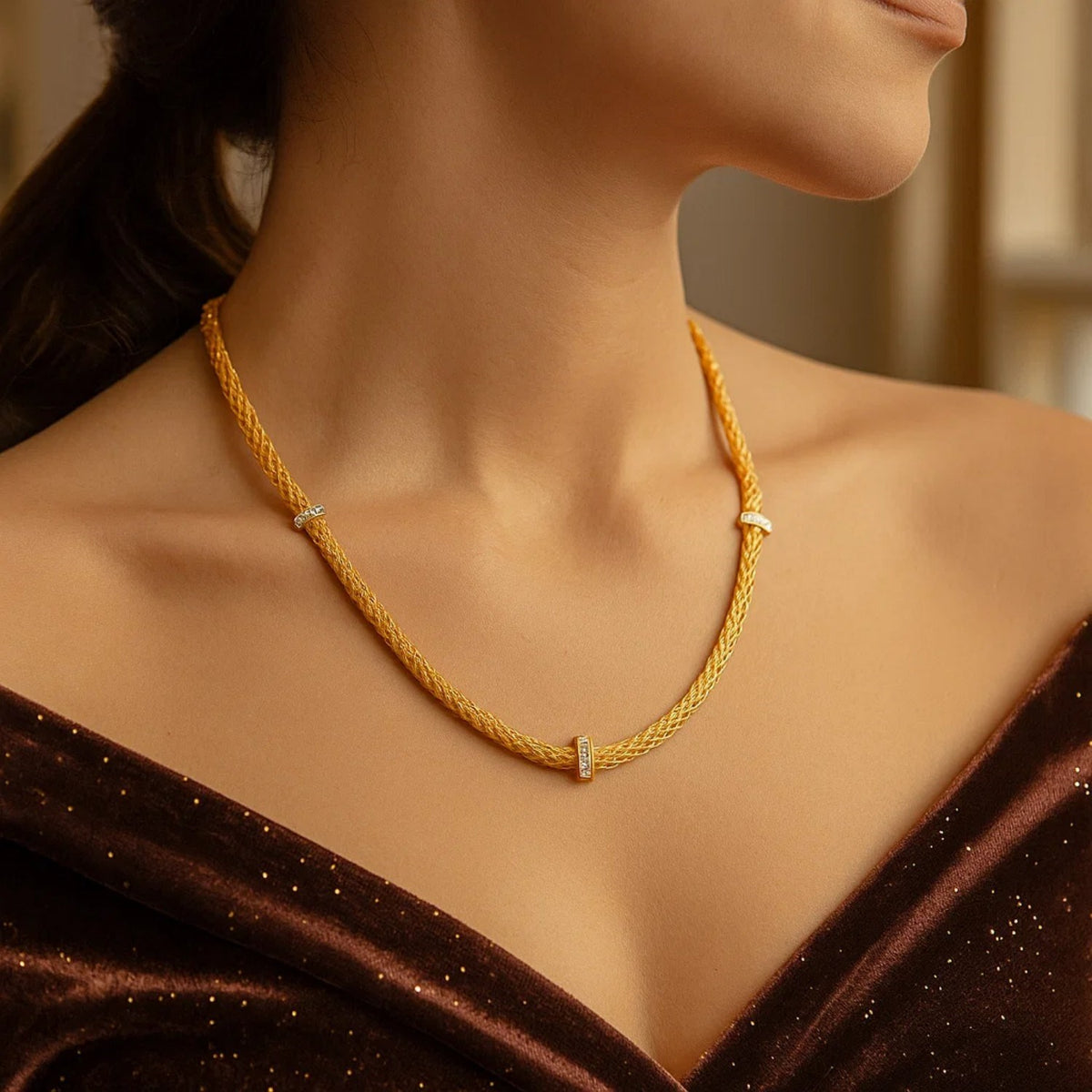 Woven Rope Necklace with Diamond Accents in 14K Yellow Gold, view 2