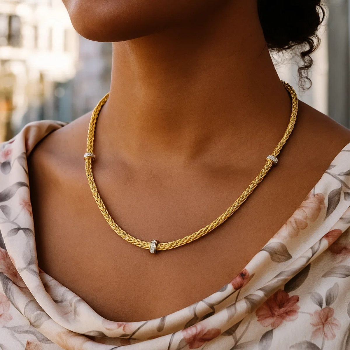 Woven Rope Necklace with Diamond Accents in 14K Yellow Gold, view 3