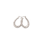 A pair of silver-toned twisted hoop earrings with a textured, rope-like finish and post-back closures, shown on a plain white background.