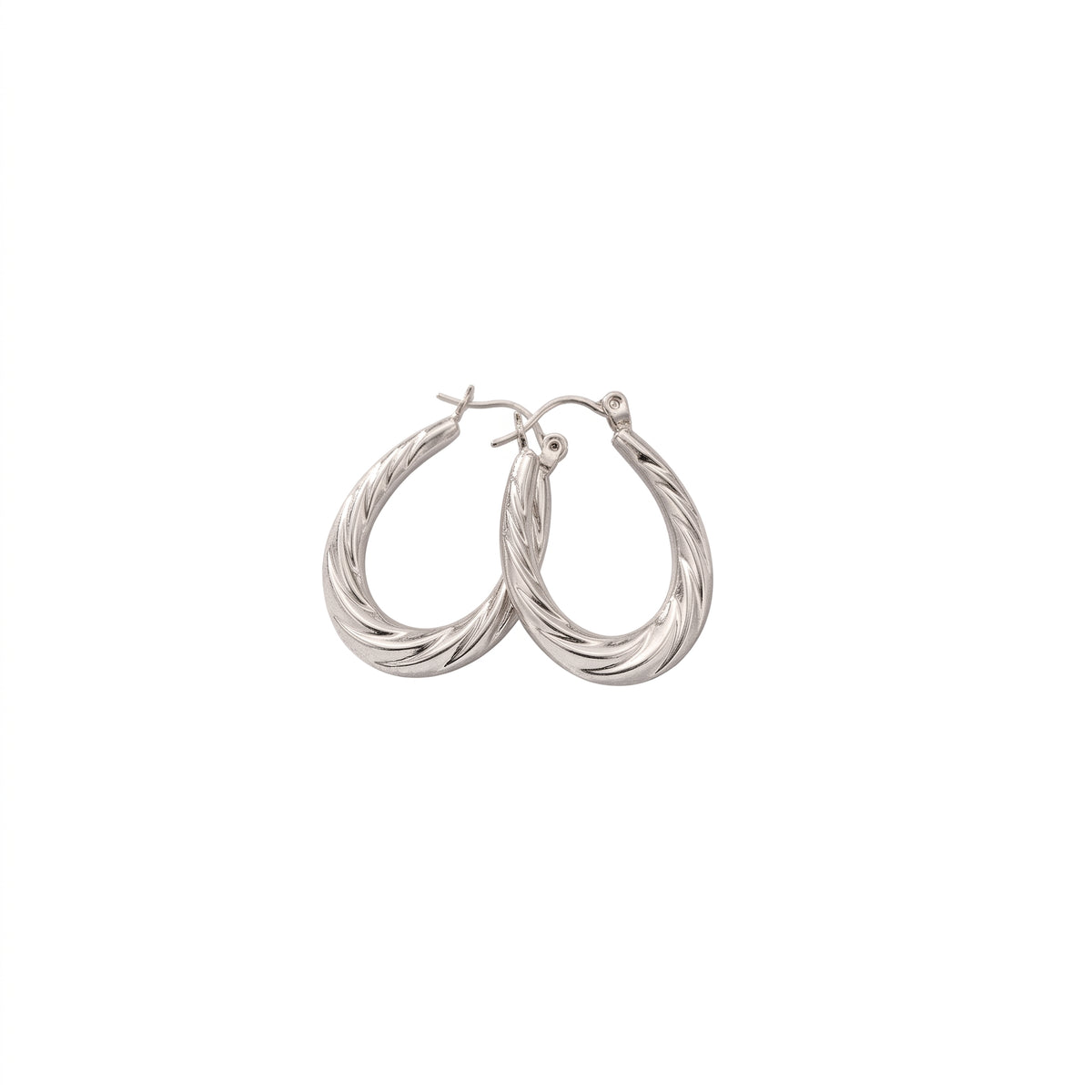 A pair of silver-toned twisted hoop earrings with a textured, rope-like finish and post-back closures, shown on a plain white background.