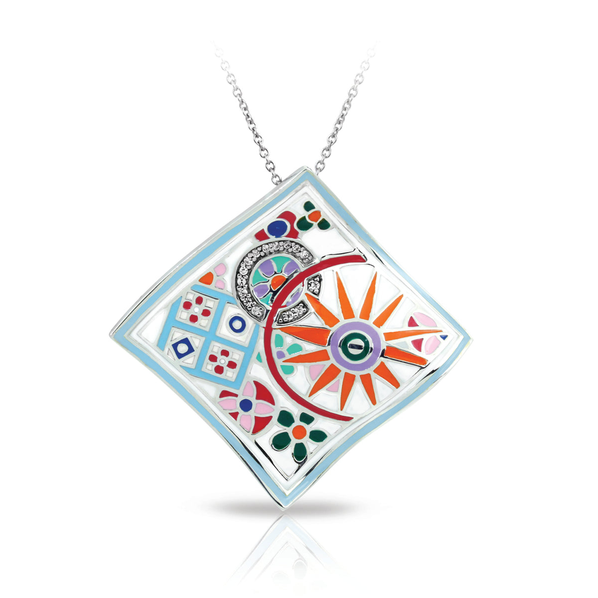 Pashmina Sterling Silver White/Multi-Color Enameled Square Pendant