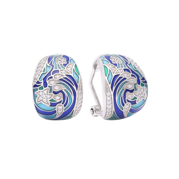 Ocean Wave Sterling Silver Blue Polished Huggie Earrings