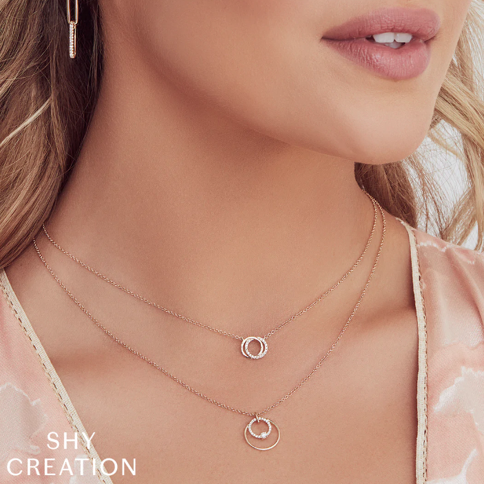 Shy Creation White 14 Karat Gold Diamond Interlocking Circle Necklace * - view 2