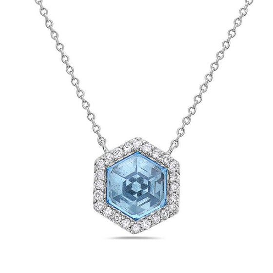Bassali White 14 Karat Gold Blue Topaz Diamond Halo Necklace * - Diamond Designs