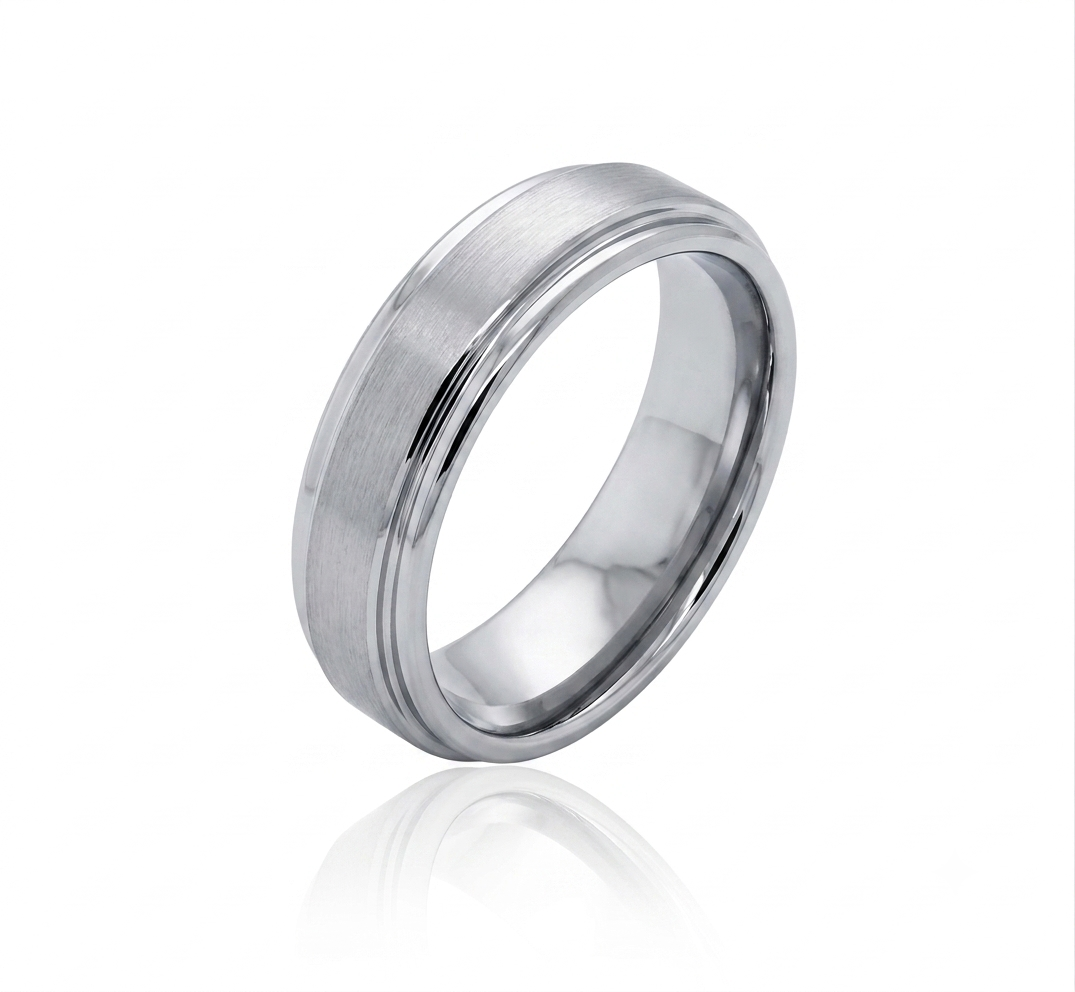 White Tungsten Carbide Stepped Edge Wedding Band Size 10.5 *