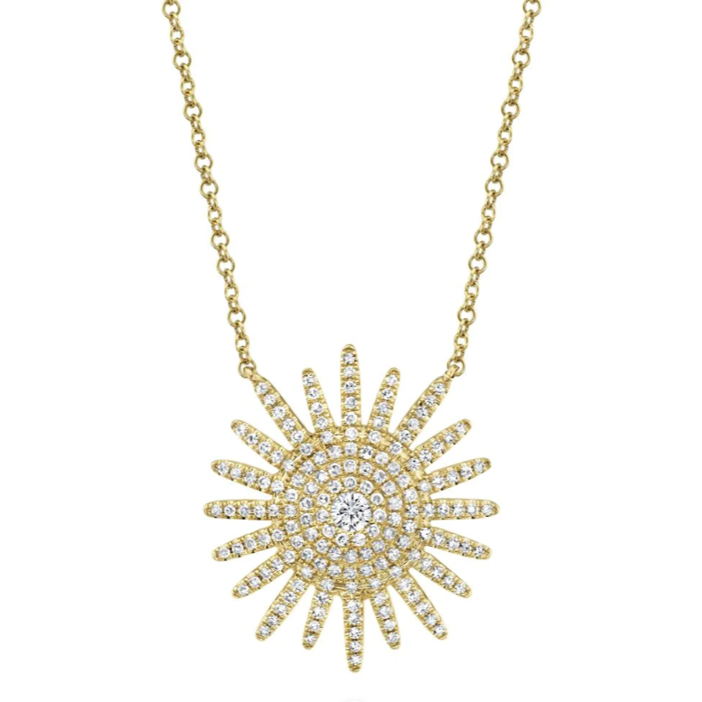 Shy Creation Yellow 14 Karat Gold Diamond Large Starburst Necklace *