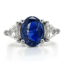 Diamond Designs Platinum Oval Sapphire and Trillion Diamond 3 Stone Ring Size 6.5* - Diamond Designs