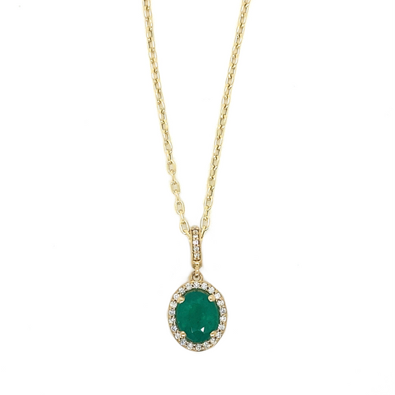 Diamond Designs Yellow Gold Oval Emerald and Diamond Halo Pendant*